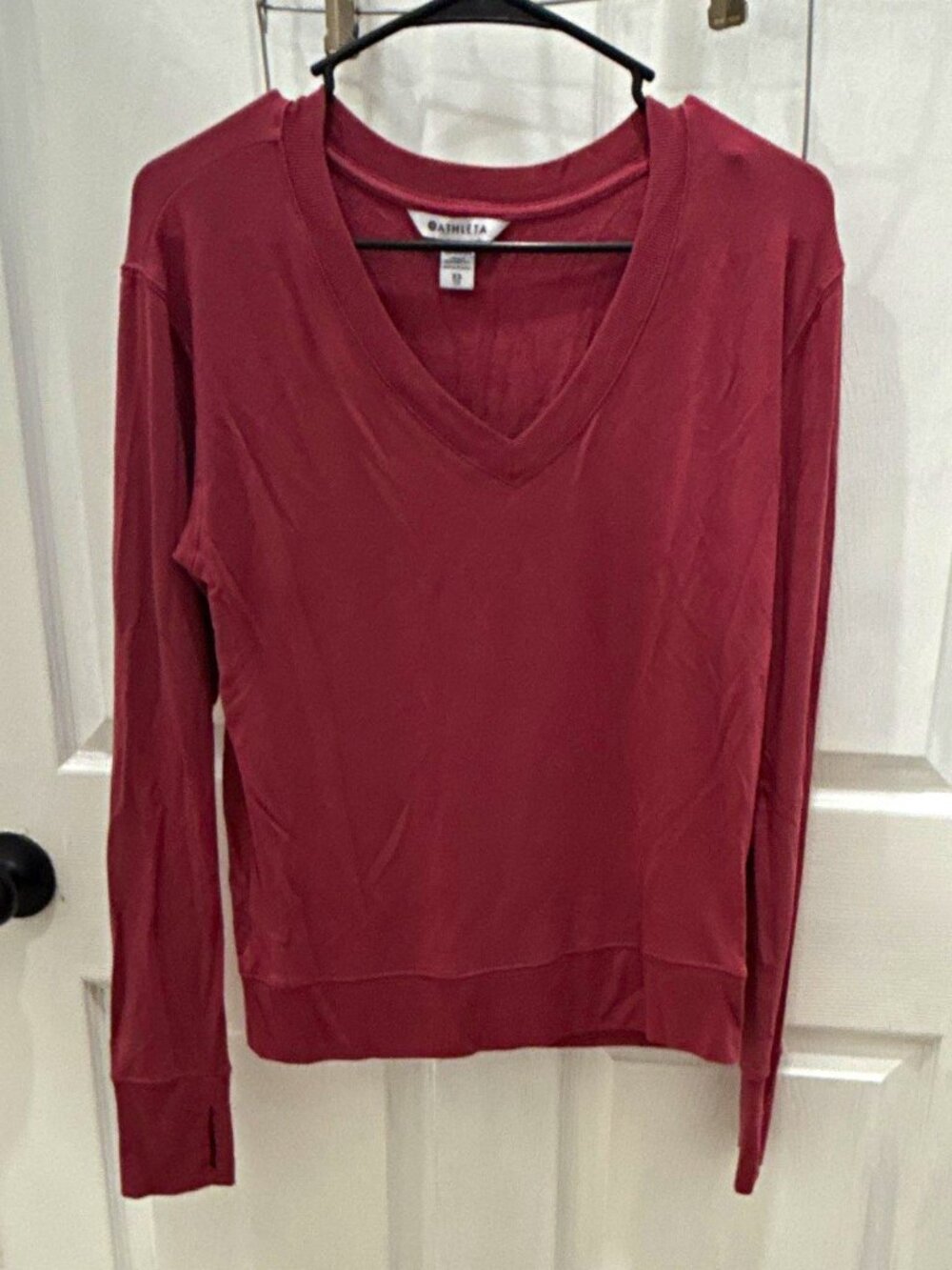 Athleta Pink Solid V-Neck Pullover Knit Sweater Logo Cotton XS SUPER SOFT!